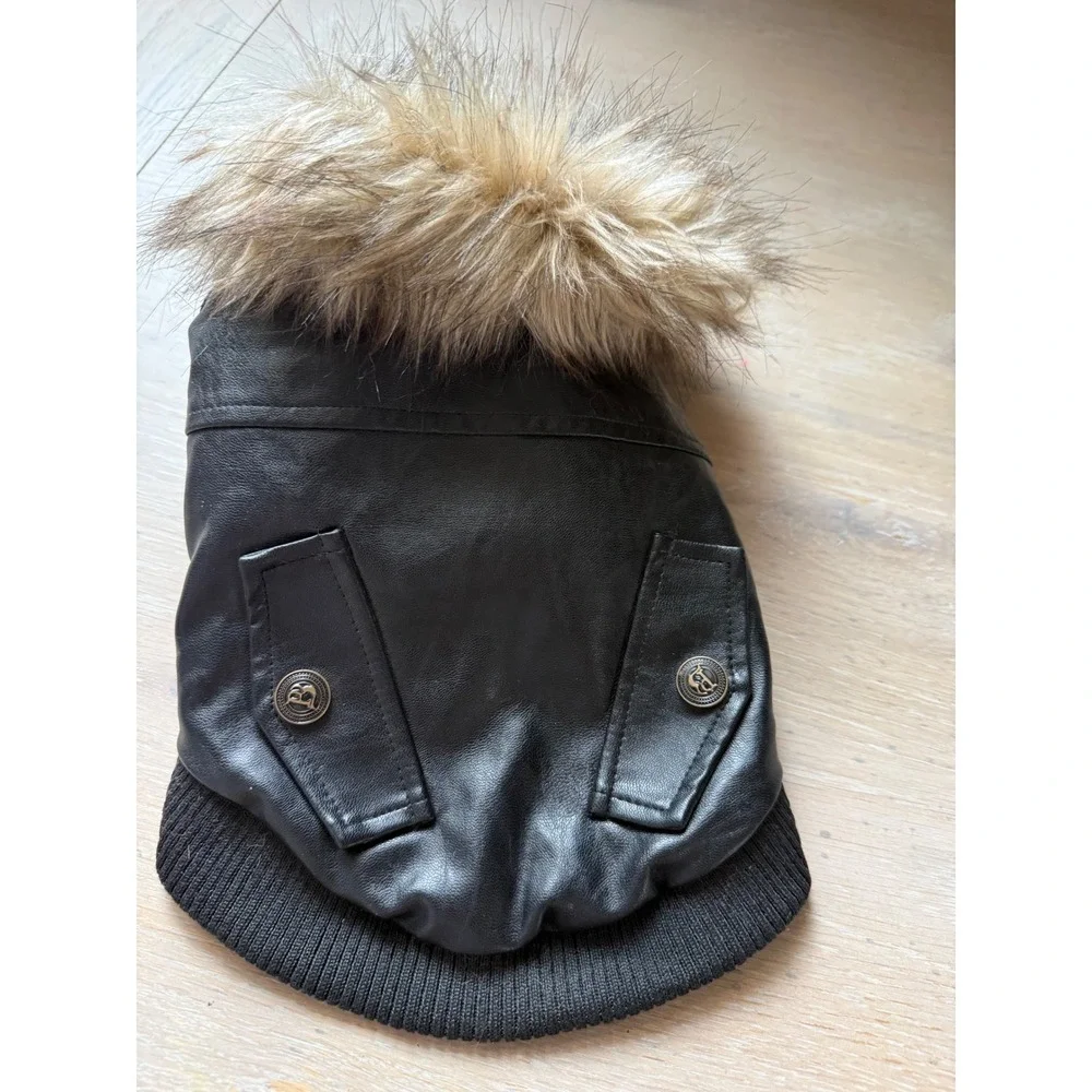 Black Faux Leather Dog Bomber Jacket Faux Fur Hooded Aviator Coat Medium